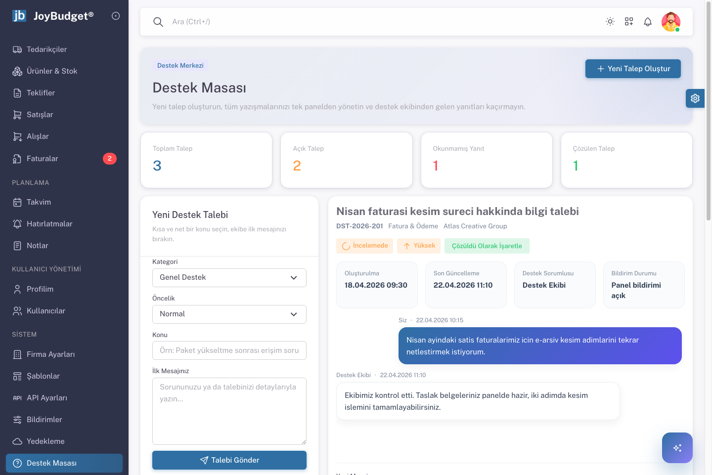 JoyBudget destek masası gerçek ekran görüntüsü